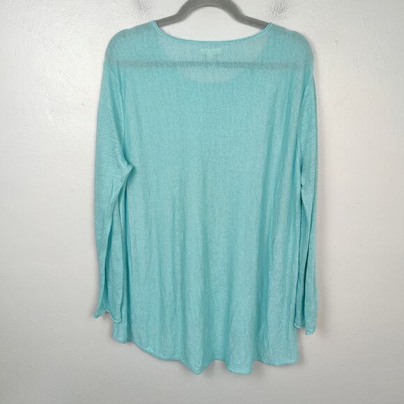 Eileen Fisher Semi-Sheer Linen Top Womens Medium Teal Green Scoopenck Boxy Beach - Picture 4 of 7